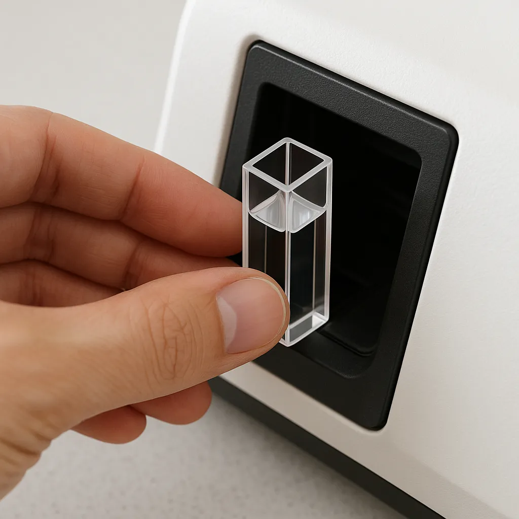 큐벳을 UV 스펙트로미터에 삽입하는 손의 클로즈업