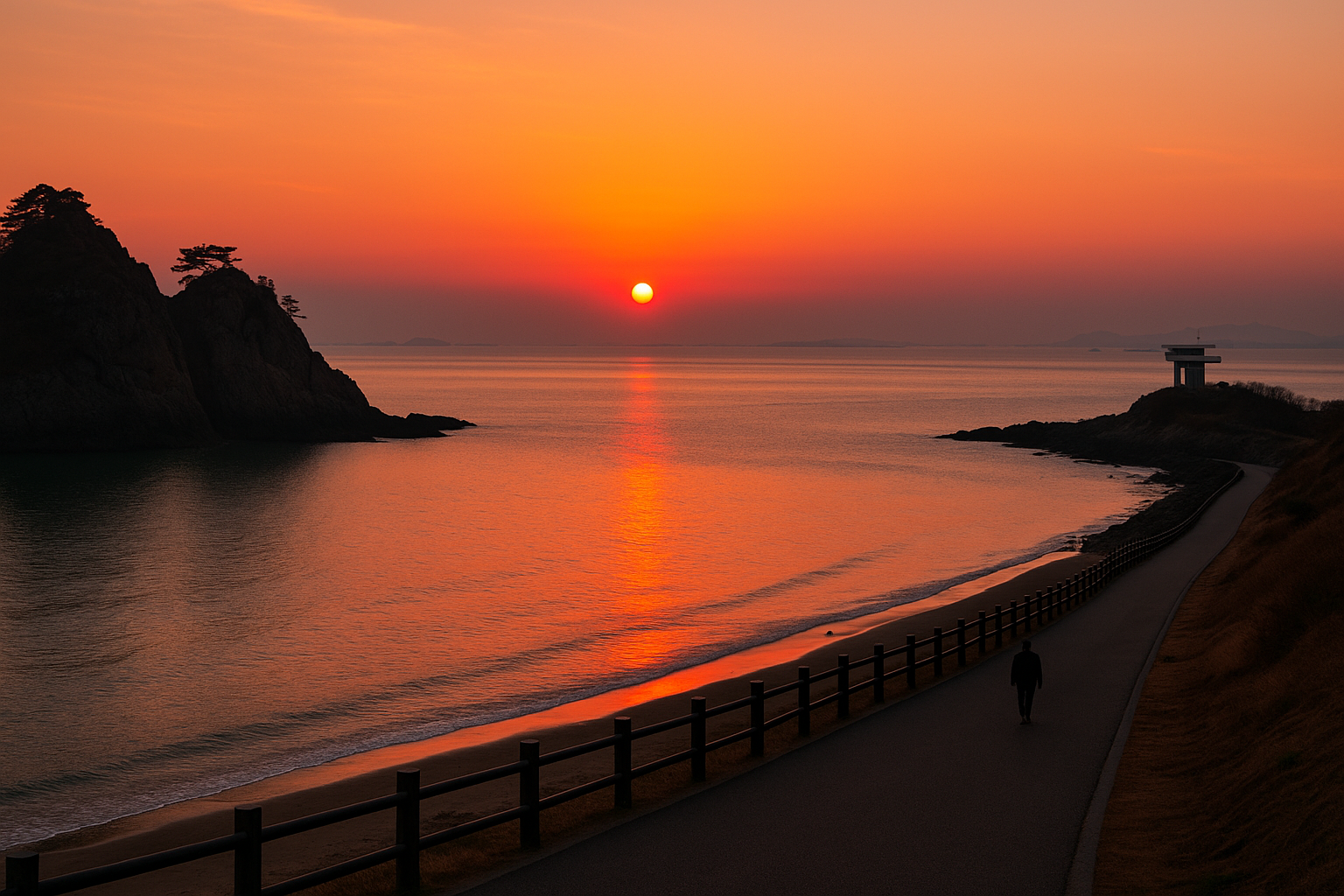 땅끝마을 전망대와 해변 일몰 사진