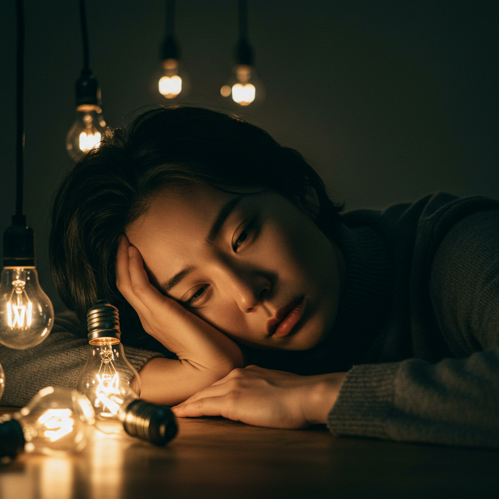 밝게 켜지지 않은 전구들 사이에서 머리를 괴고 무기력하고 지친 표정을 짓고 있는 여성. 갑상선 기능 저하증으로 인한 극심한 피로와 에너지 부족 증상을 상징합니다.