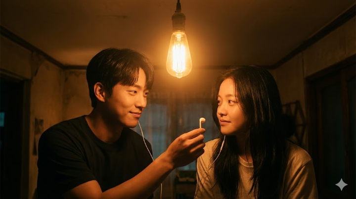 어두운 방 안, 낡은 백열전구가 따뜻한 오렌지빛을 발산하는 가운데, 문상민이 고아성에게 조심스럽게 이어폰 한쪽을 건네며 옅은 미소를 짓는 애틋하고 몽환적인 장면