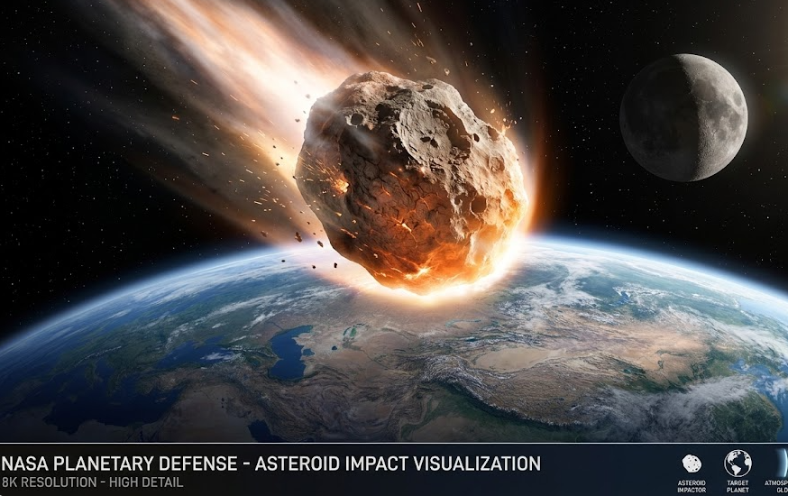 근지구 소행성이 지구 대기권에 접근하는 장면 &mdash; 불타는 소행성과 푸른 지구가 대비되는 우주 시각화 일러스트