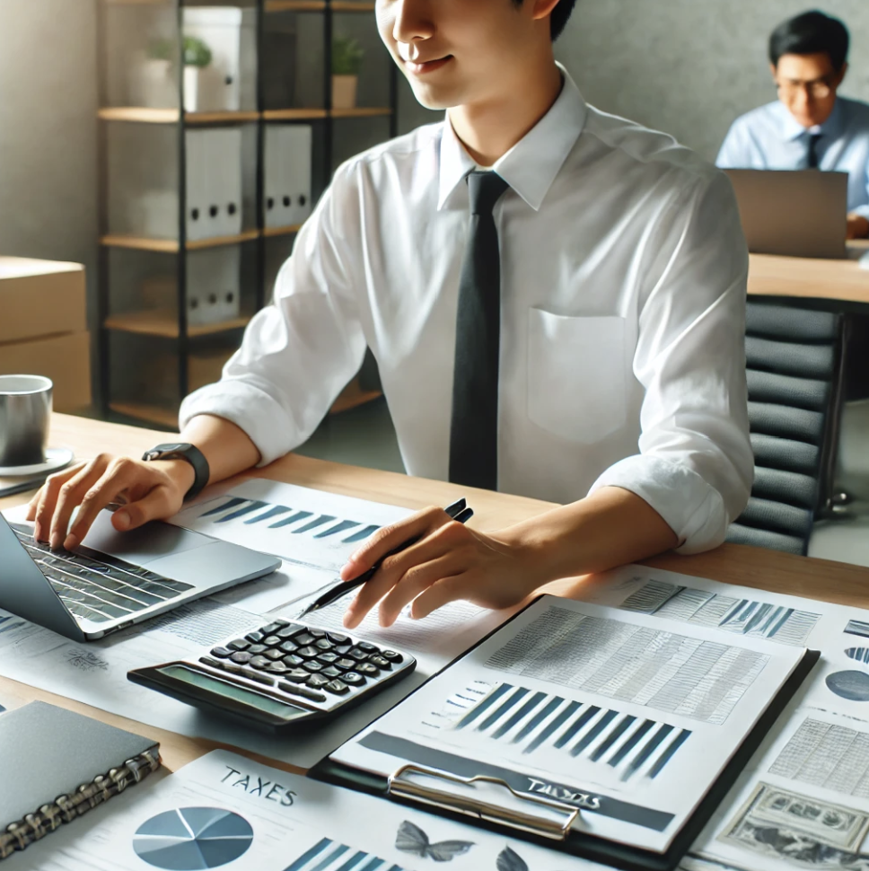 사무실에서 근로소득세를 계산하며 재정 관리를 하는 직장인의 모습