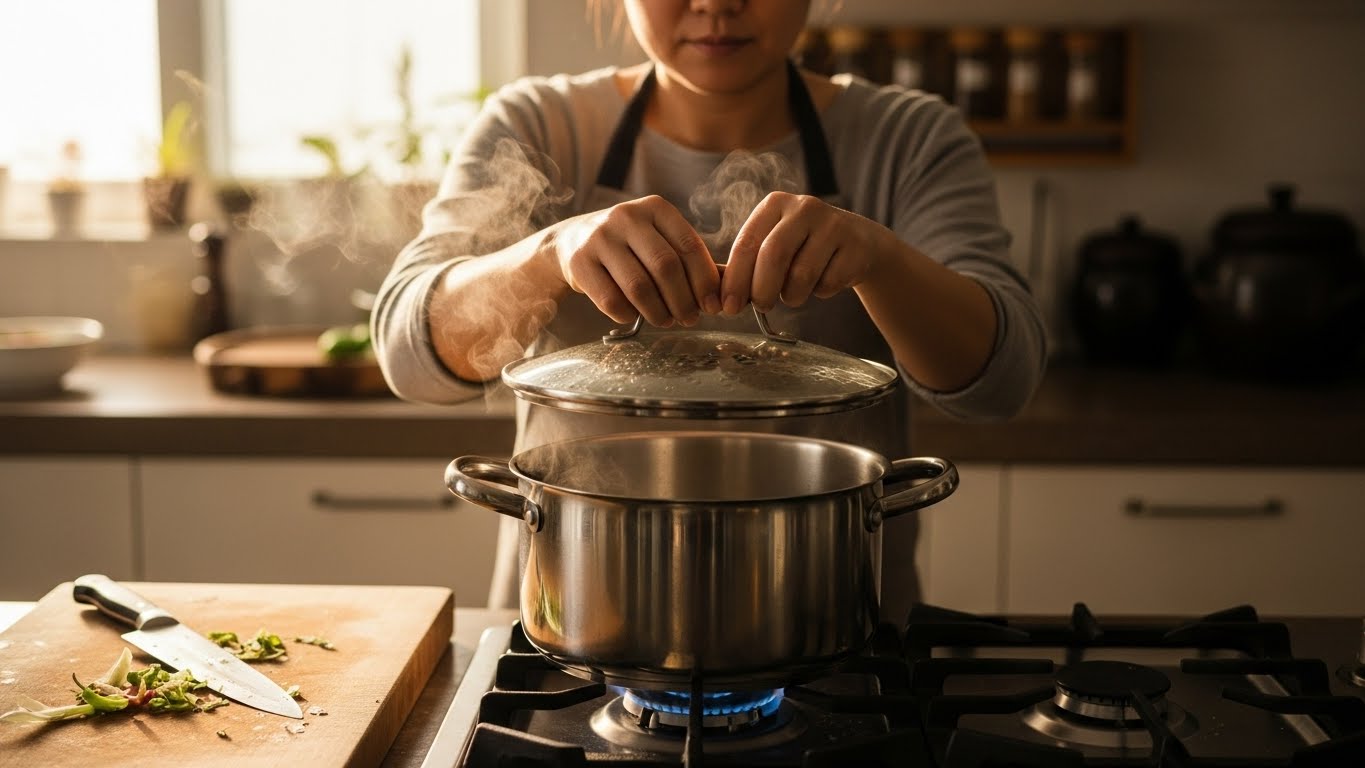 한국-주부가-냄비에-뚜껑을-덮어-물-없는-요리를-시작하며,-습기에-잠기는-순간을 포착합니다.
