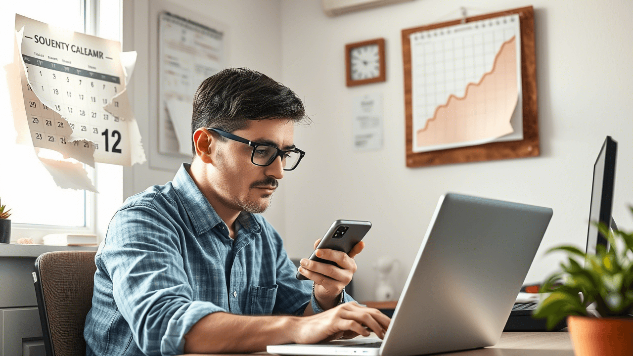 N잡러가 업무를 처리하는 모습. 벽에는 시간의 흐름을 보여주는 달력과 성장 그래프가 걸려 있어 점진적인 발전을 강조