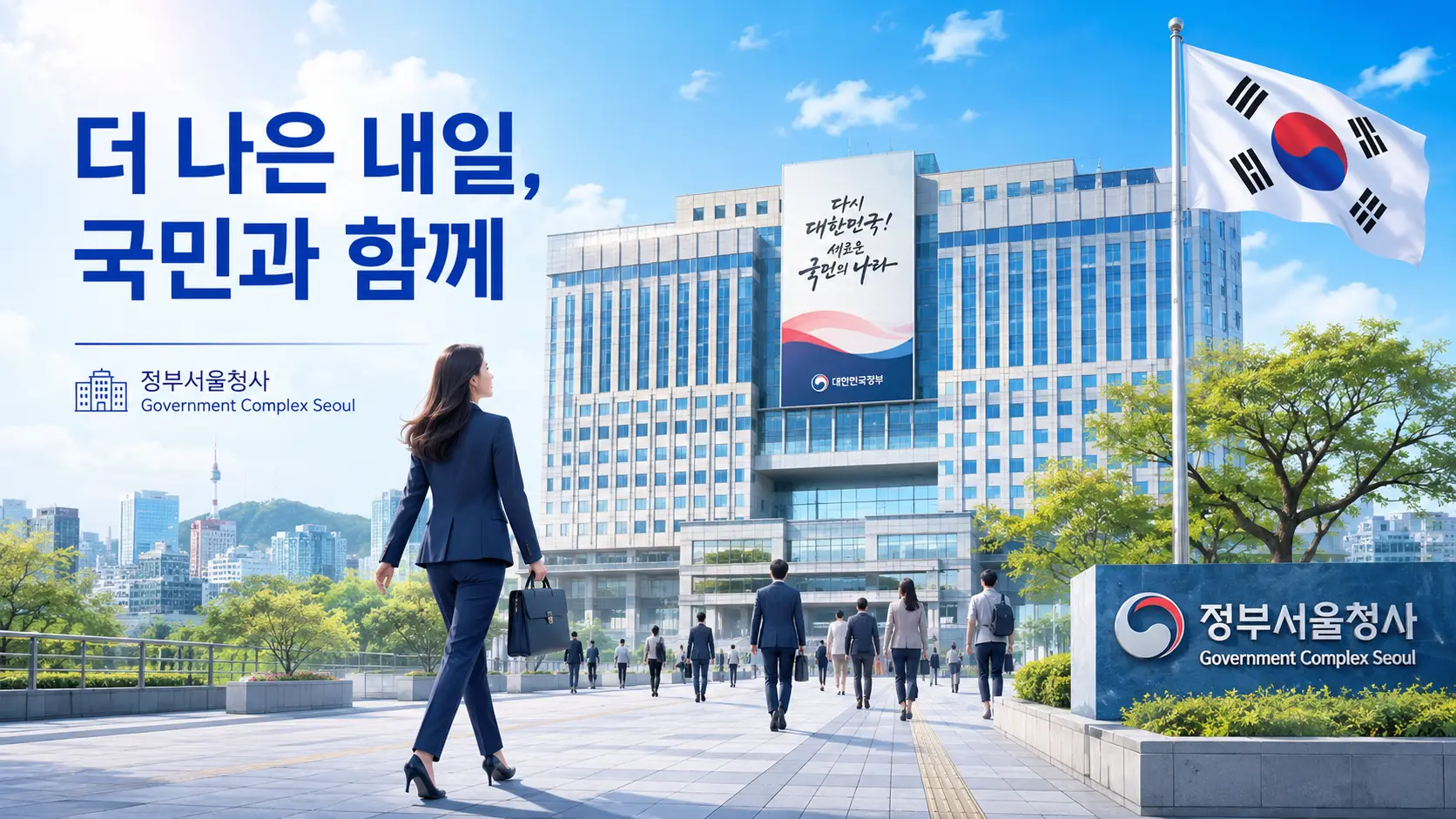 정부서울청사 앞 출근하는 여성 총리, 아침 햇살, 다큐멘터리 사진 스타일
