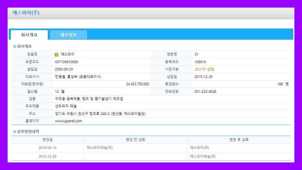 에스와이 (109610) 주식 주가 거래소 공시 주식등의대량보유상황보고서(일반)