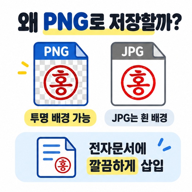 도장 이미지를 투명 배경으로 쓰려면 PNG로 저장해야 하고 JPG는 흰 배경이 남는다는 점을 설명한 카드