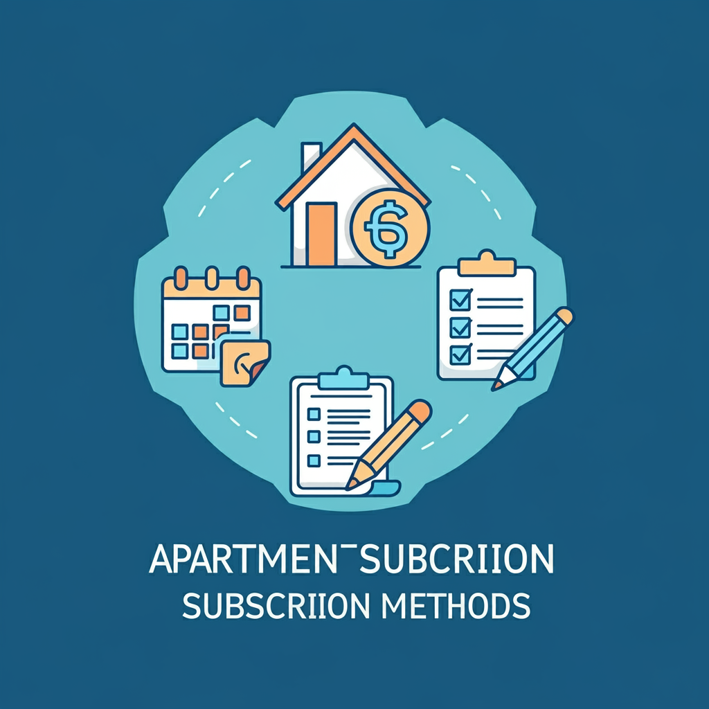 아파트 청약 방법을 설명하는 현대적이고 깔끔한 썸네일, 집, 일정, 체크리스트 아이콘 포함