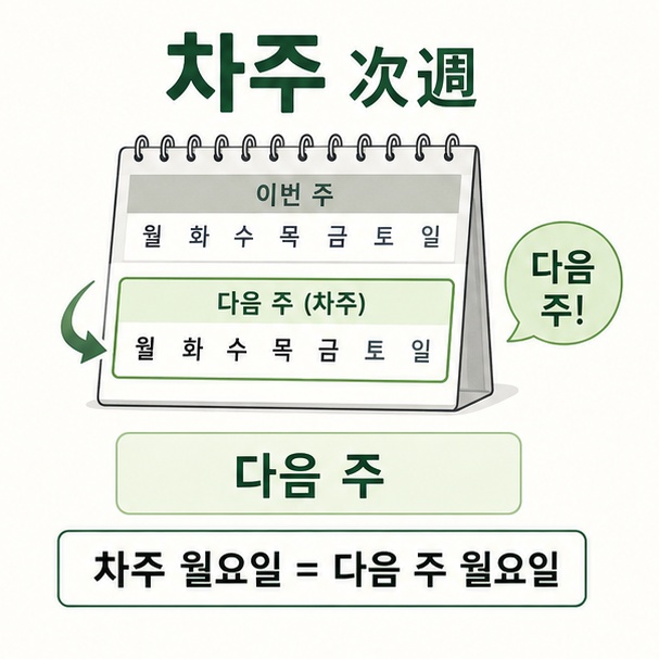 달력의 다음 주를 표시해 업무에서 차주가 다음 주를 의미하는 표현임을 설명한 이미지