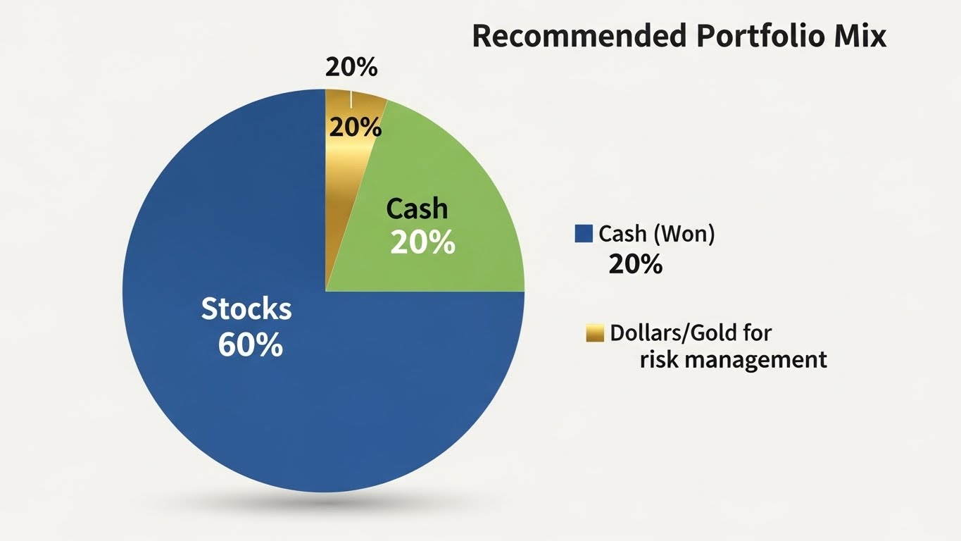A pie chart illustration showing a recommended portfolio mix Stocks, Cash (Won), and DollarsGold for risk management.
