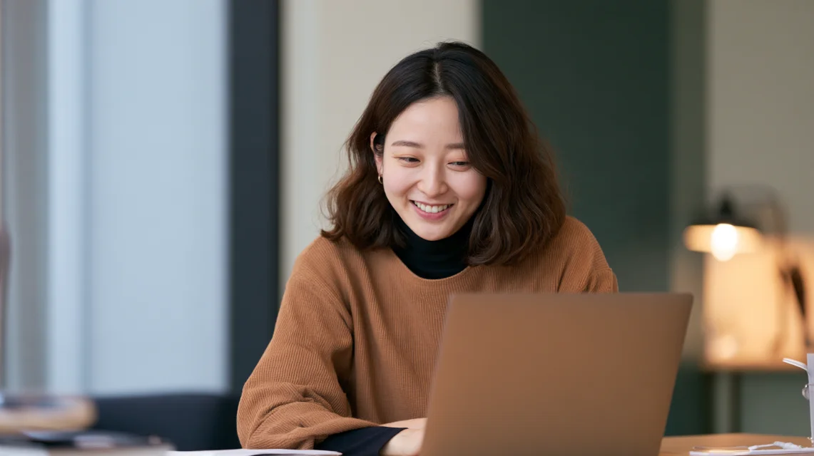 진행자를 기다리며 노트북 앞에서 가볍게 웃는 직장인