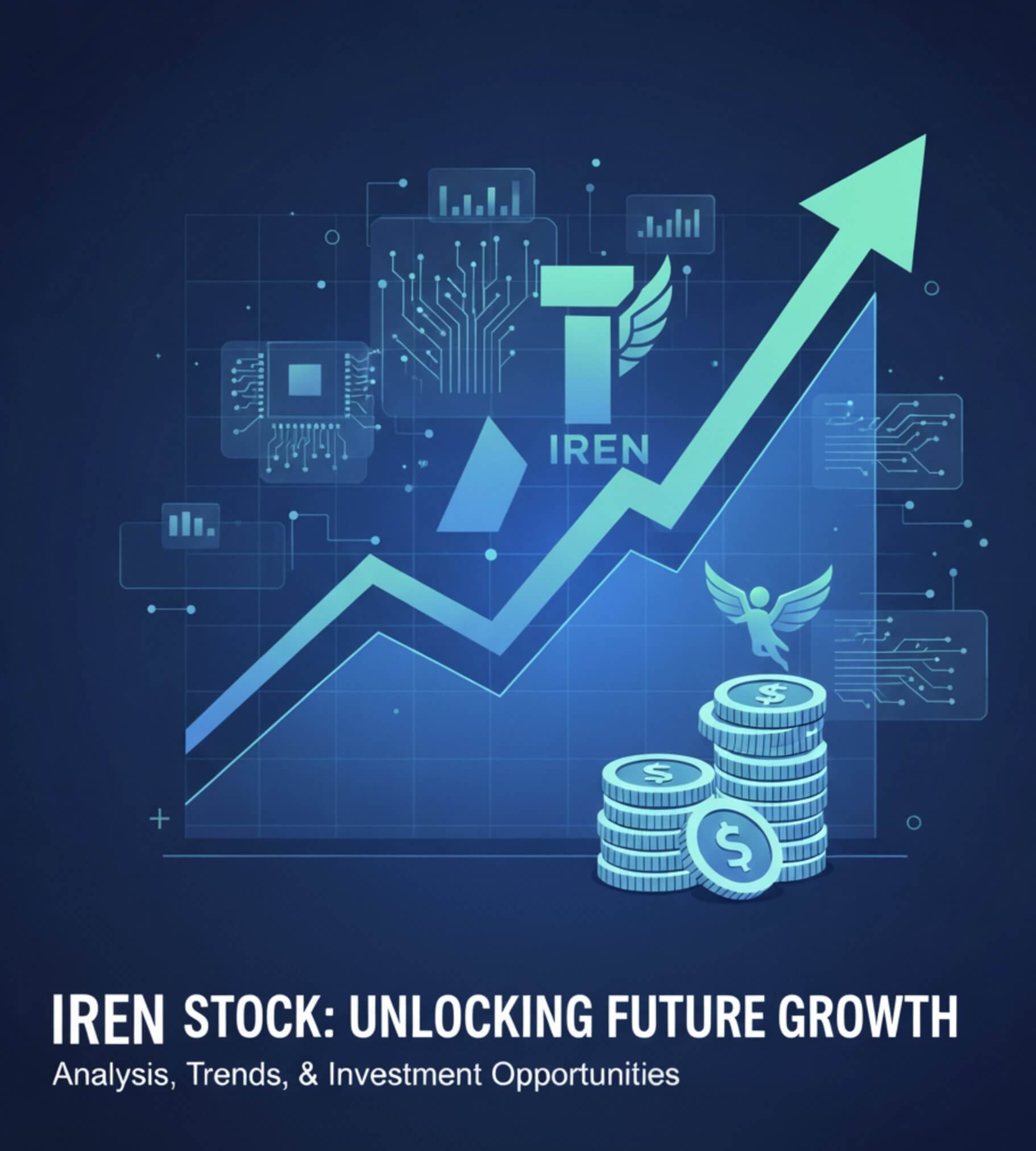 디지털 회로 보드를 배경으로 한 IREN 주식 투자 테마 이미지. 상승세를 나타내는 차트가 강조되어 있고, 아래에는 동전 더미가 있어 금융 및 기술 투자를 암시합니다