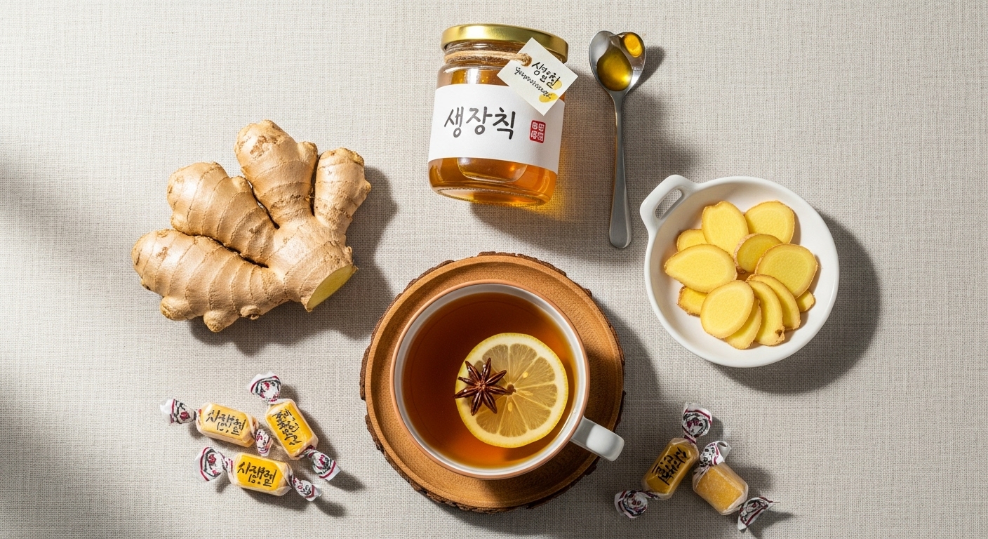 따뜻한 생강차, 생강 슬라이스, 생강청 등 다양한 형태로 활용된 생강 요리들. 생강의 여러 섭취 방법을 보여줍니다.