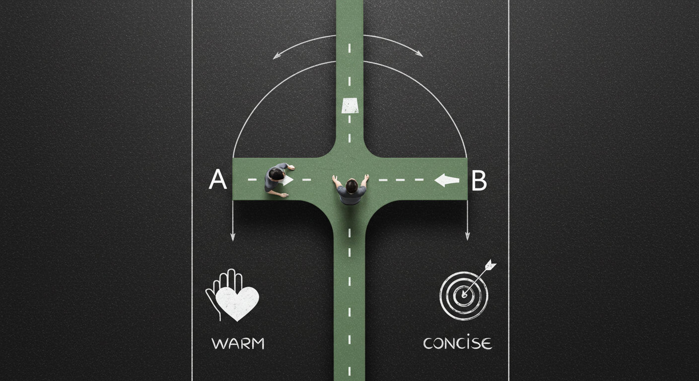두 갈래로 갈라지는 트랙이 각각 따뜻한 톤과 간결한 톤을 상징하고 서로 다른 목표 깃발을 향하는 상징적 이미지