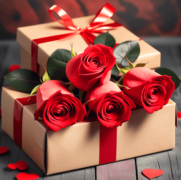 연갈색 종이로 포장한 선물박스 2개가 쌓여있다. 빨간 리본으로 묶여있고, 주변엔 빨간 장미꽃다발이 있다.