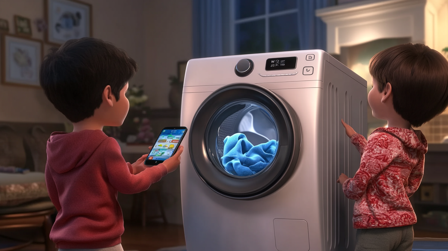 가족이 스마트폰을 사용하여 삼성 WF21D17CEEC 세탁기를 원격으로 제어하는 모습, 제품의 사용자 친화성과 연결 기능을 강조.