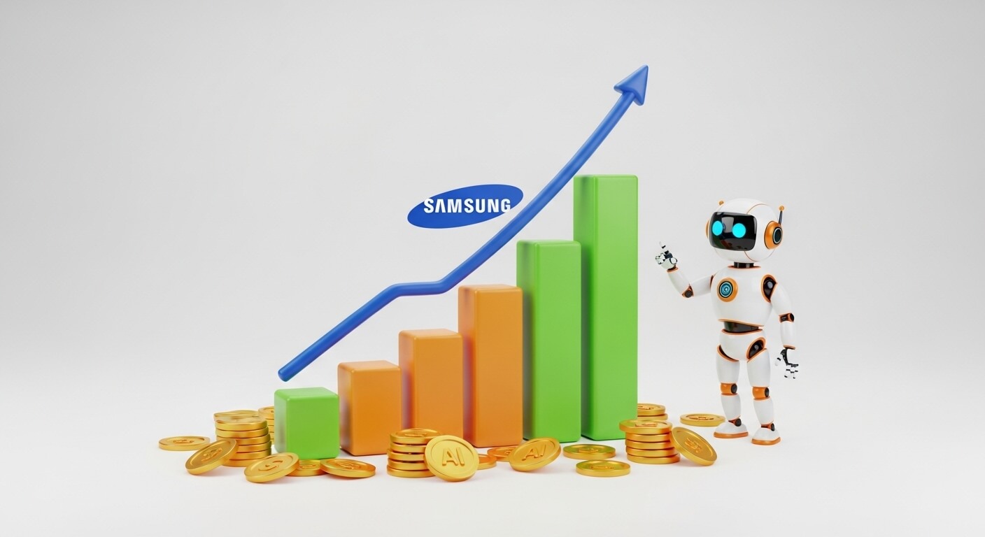 삼성의로고와 주식등락을 나타내는표와 로봇이있고 금화가 주의에 있다