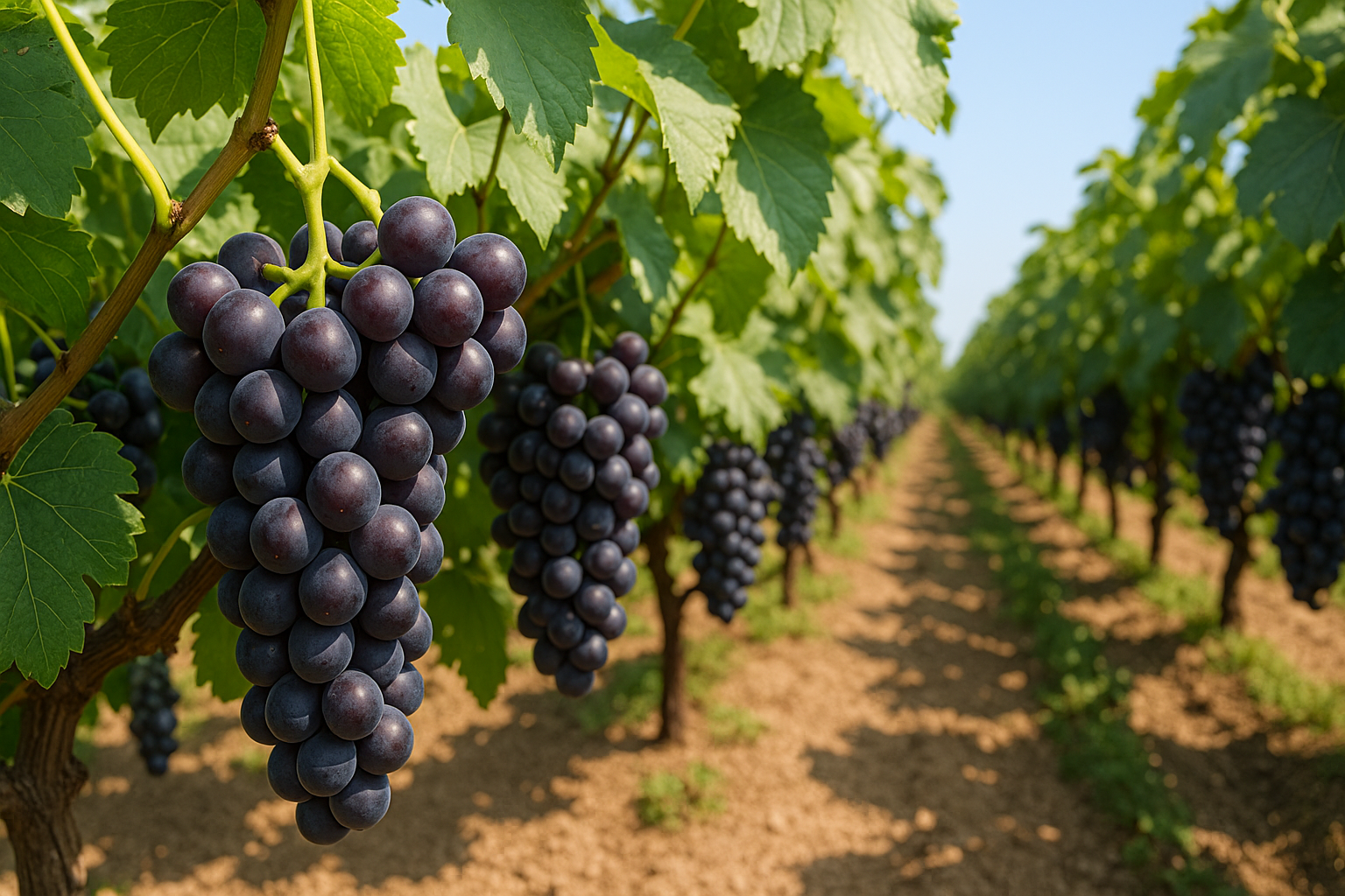 여름 햇볕 아래 포도가 주렁주렁 열린 포도밭 풍경