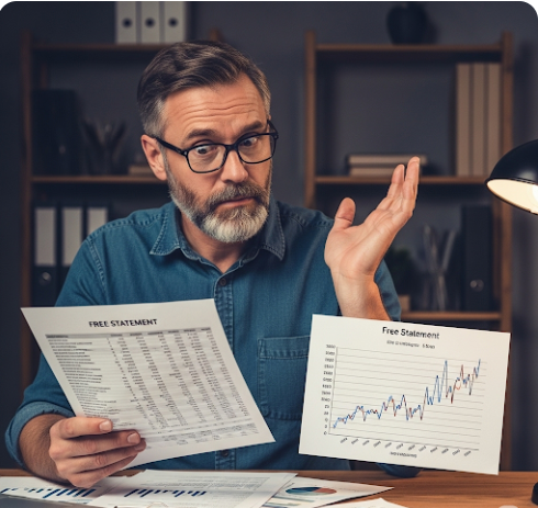 복잡한 수수료 명세서와 알 수 없는 그래프를 보고 고개를 갸웃거리는 사람의 모습