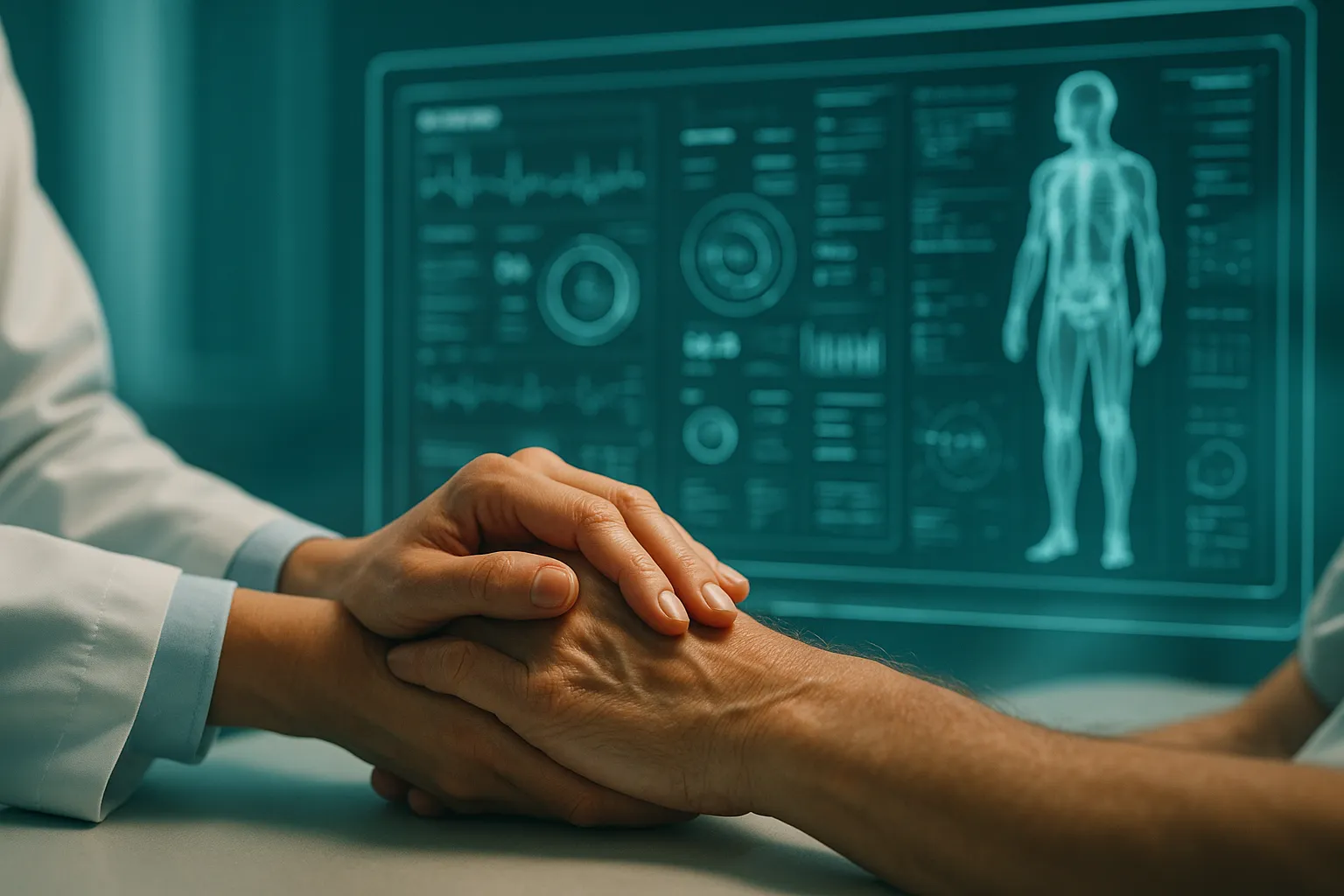 "AI가 분석한 의료 데이터를 바탕으로 환자와 공감하며 소통하는 인간 의사의 모습"