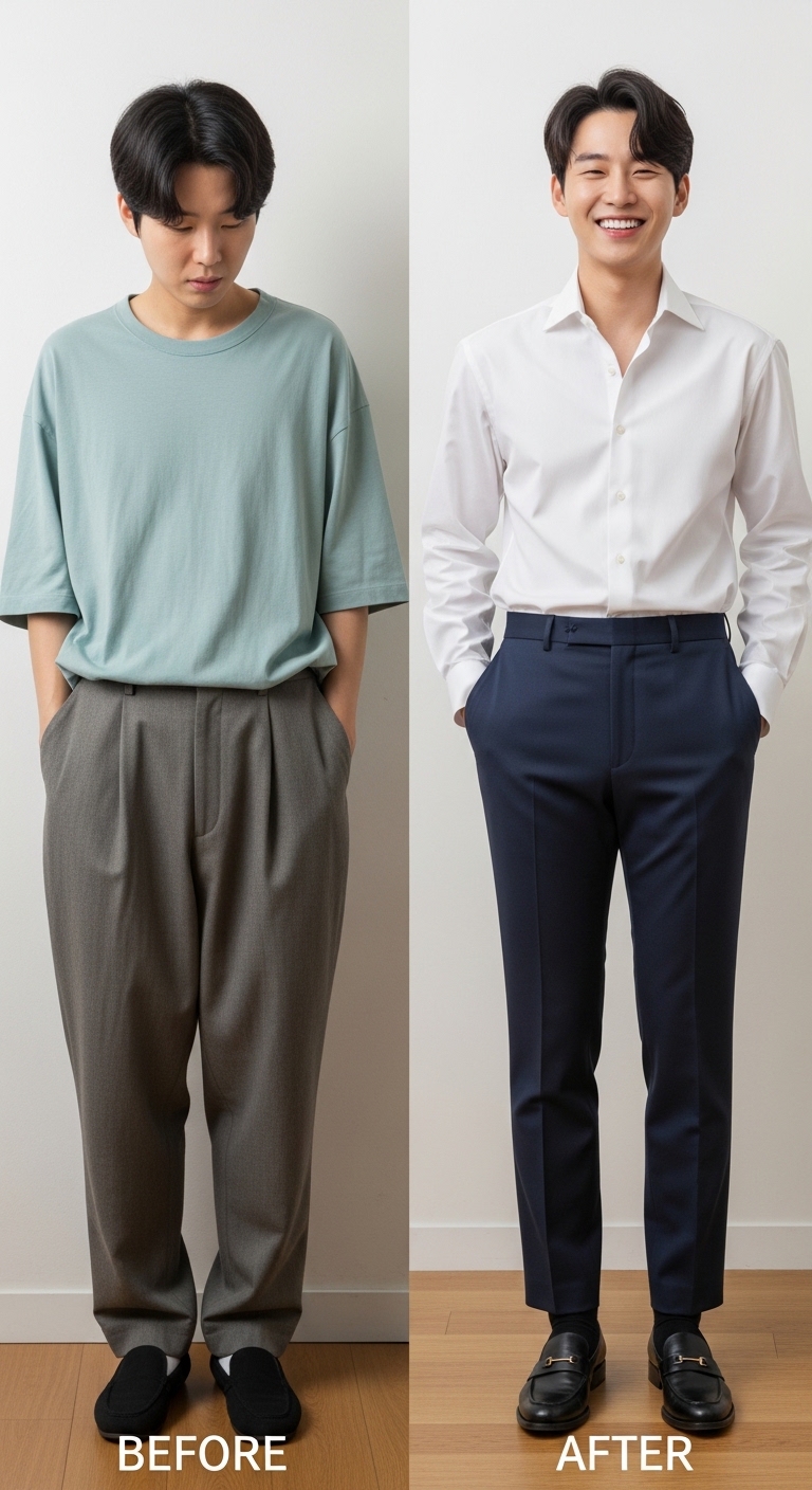 자신의 몸에 완벽하게 맞는 옷을 입은 전후 비교 컨셉