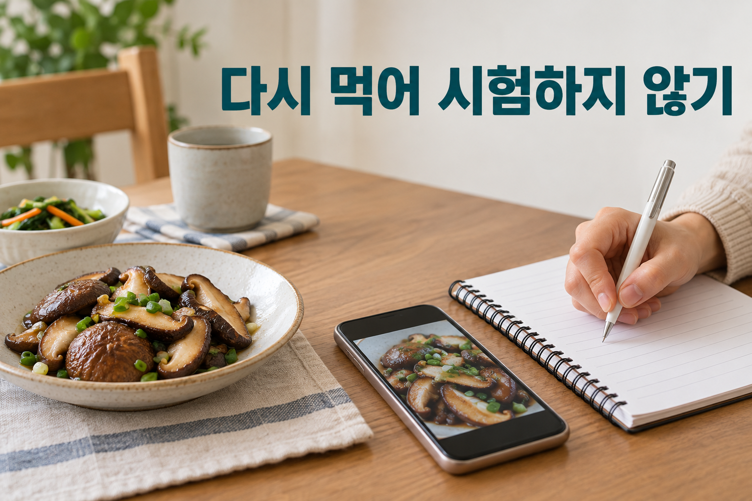 표고 요리와 요리 사진, 기록지를 함께 둔 모습