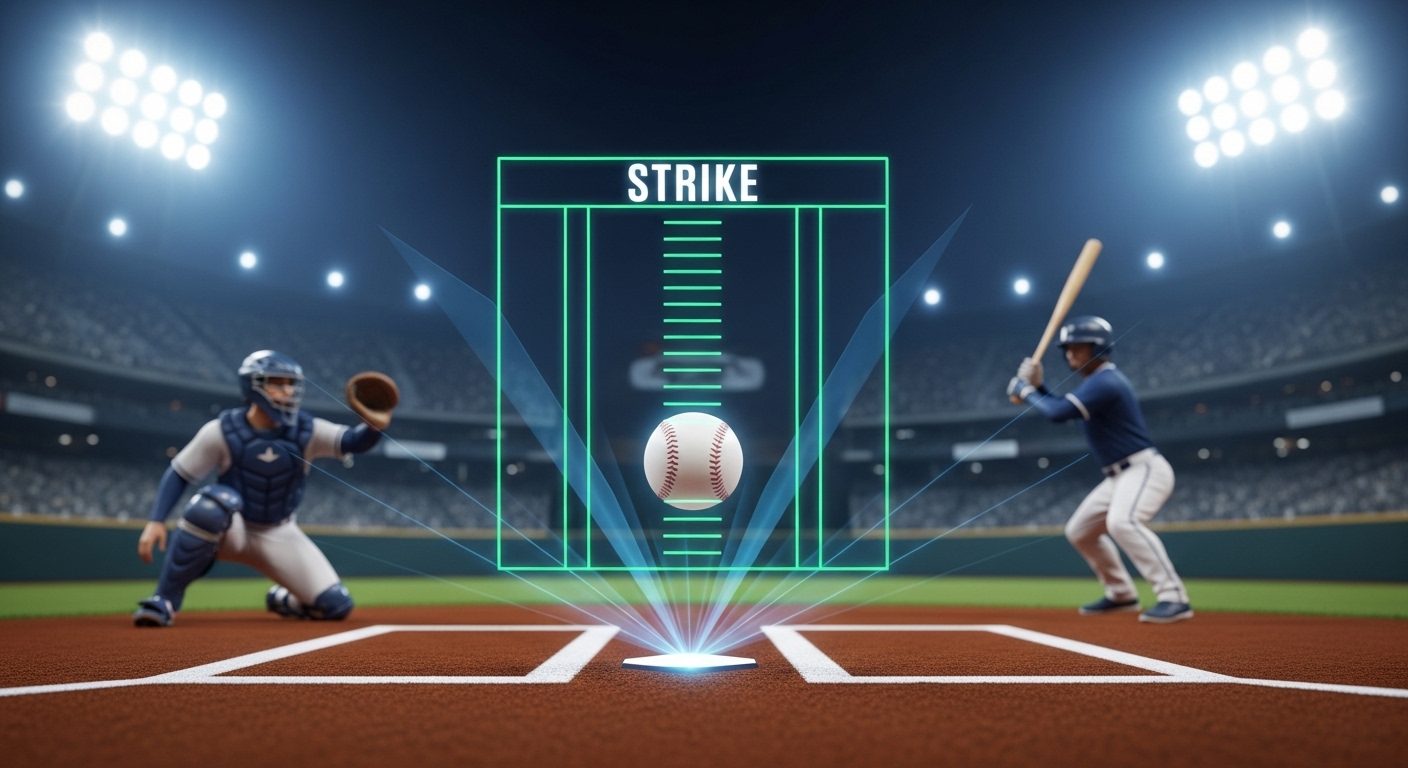 현대 야구 경기장에서 홈 플레이트 위에 홀로그램으로 구현된 정교한 스트라이크존과 그 안으로 들어오는 야구공. 로봇 심판 기술의 정밀함을 시각적으로 보여줌.