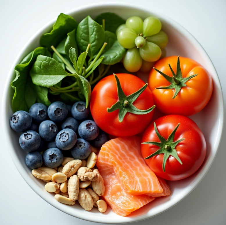 다양한 색깔의 과일과 채소가 그릇에 담겨 있는 모습. 토마토, 시금치, 당근, 블루베리, 오렌지 등이 보이며, 옆에는 연어 조각과 견과류가 놓여 있습니다. 이 이미지는 녹내장 예방에 좋은 다양한 식품들을 한눈에 보여줍니다.