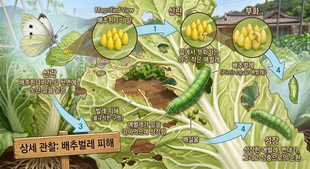 배추흰나비가 알을 낳고 부화한 애벌레가 배추 잎을 먹는 일생과 친환경 방제 적기를 나타낸 그림