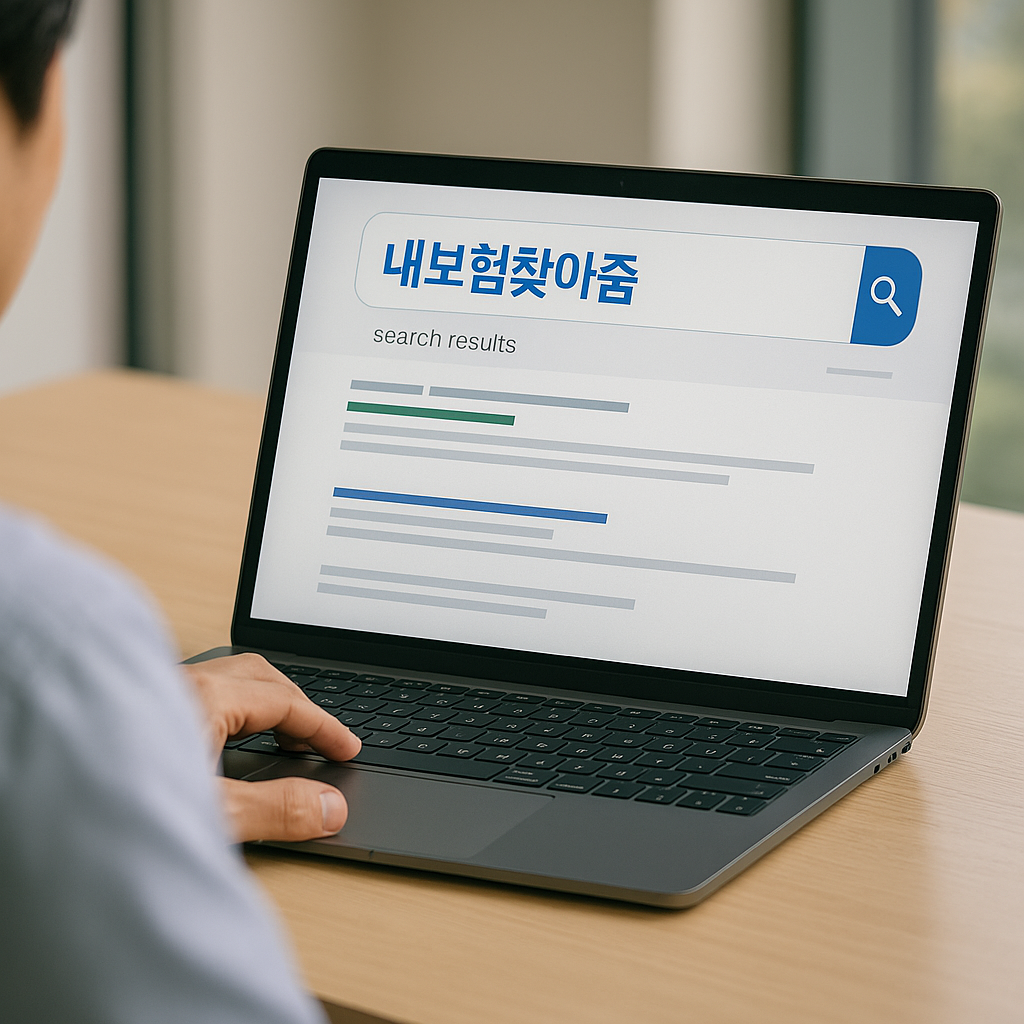 노트북 화면에 &lsquo;내보험찾아줌&rsquo;을 검색하며 보험 가입 여부를 확인하는 모습