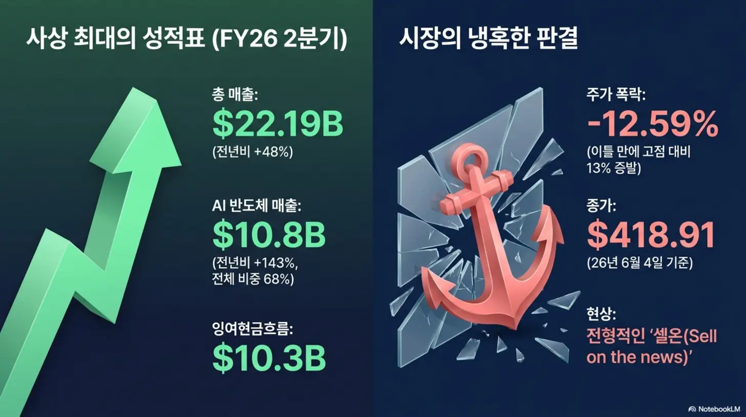 브로드컴 주가: 브로드컴 FY26 2분기 사상 최대 실적과 시장의 냉혹한 판결을 좌우로 대비한 인포그래픽. 총매출 222억 달러, AI 반도체 매출 108억 달러 등 호실적에도 주가가 12.59% 폭락한 셀온 현상을 보여주며, 브로드컴 실적과 주가 폭락을 다루는 블로그 내용을 설명함