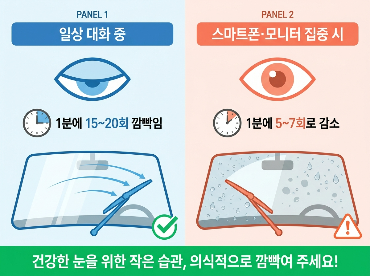 스마트폰 눈 피로, 눈 깜빡임 감소, 20-20-20 법칙, 디지털 안구건조증