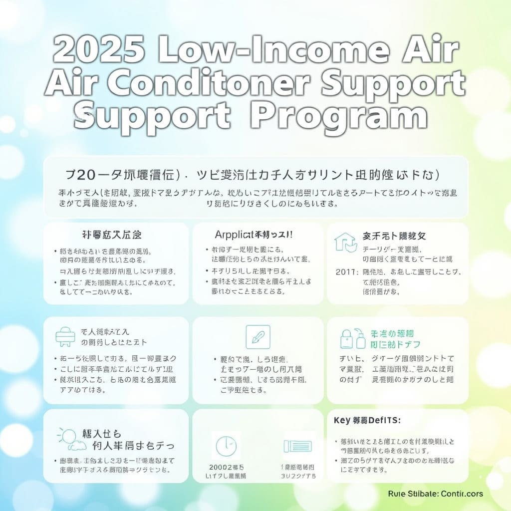 '2025년 저소득층 에어컨 지원사업'과 같은 큰 제목과 함께, 지원 대상, 신청 기간, 주요 혜택 등이 아이콘과 간결한 텍스트로 정리되어 있습니다. 배경은 밝고 희망적인 색상을 사용하여 정보 전달에 집중하며, 가독성을 높이는 디자인을 지향합니다.