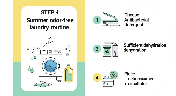여름철 냄새 없는 빨래를 위한 4단계 루틴 요약 – 세탁기 청소, 항균세제 사용, 충분한 탈수, 환기 가능한 건조 환경 조성