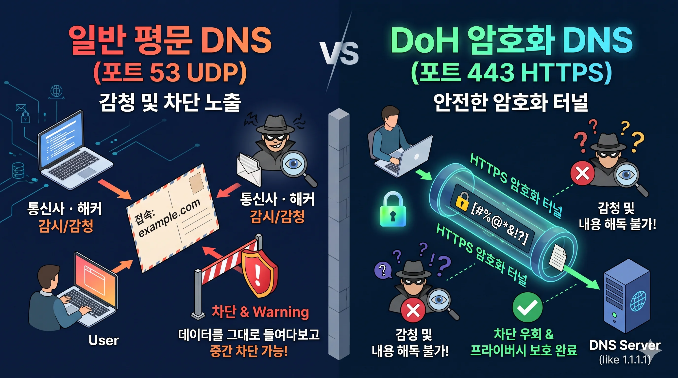 일반 평문 DNS vs DoH DNS over HTTPS 암호화 터널 보안 비교 그래픽