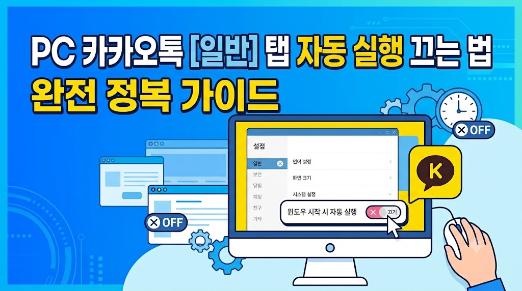카카오톡 일반 설정 탭에서 윈도우 시작 시 자동 실행 체크 박스를 끄는 화면