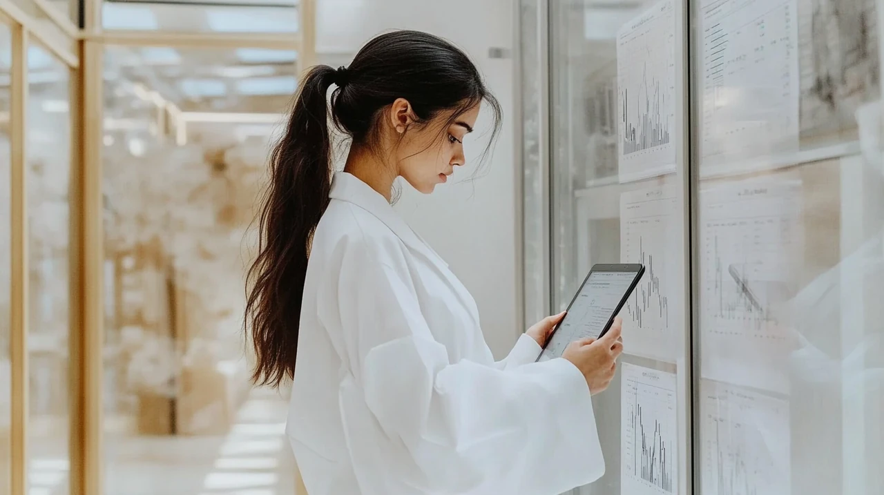 한 비즈니스 여성이 디지털 태블릿 화면을 통해 2025년 목표일부펀드(TDF) 및 인공지능(AI) 관련 연금 ETF 포트폴리오를 분석하고 있습니다. 사무실의 밝은 조명 아래에서 집중력을 발휘하고 있는 모습입니다.