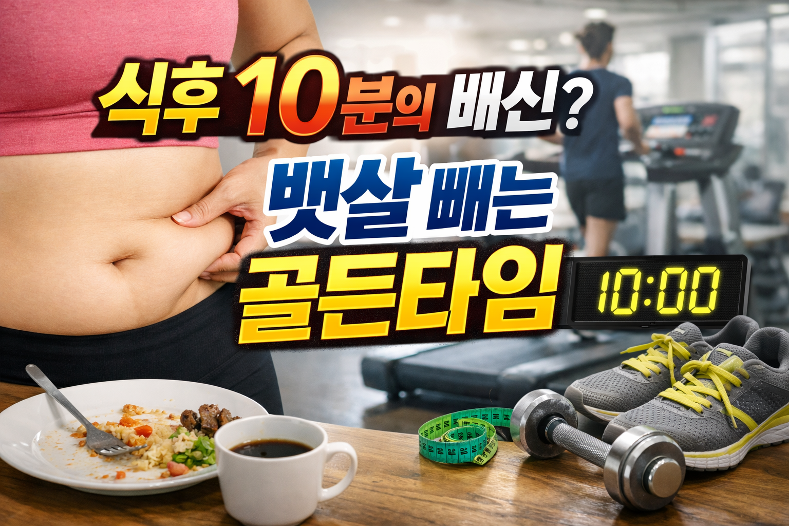 식후 10분 걷기와 혈당 관리 중요성을 보여주는 실사 썸네일 이미지, 복부 지방과 러닝머신 운동 장면이 함께 구성됨