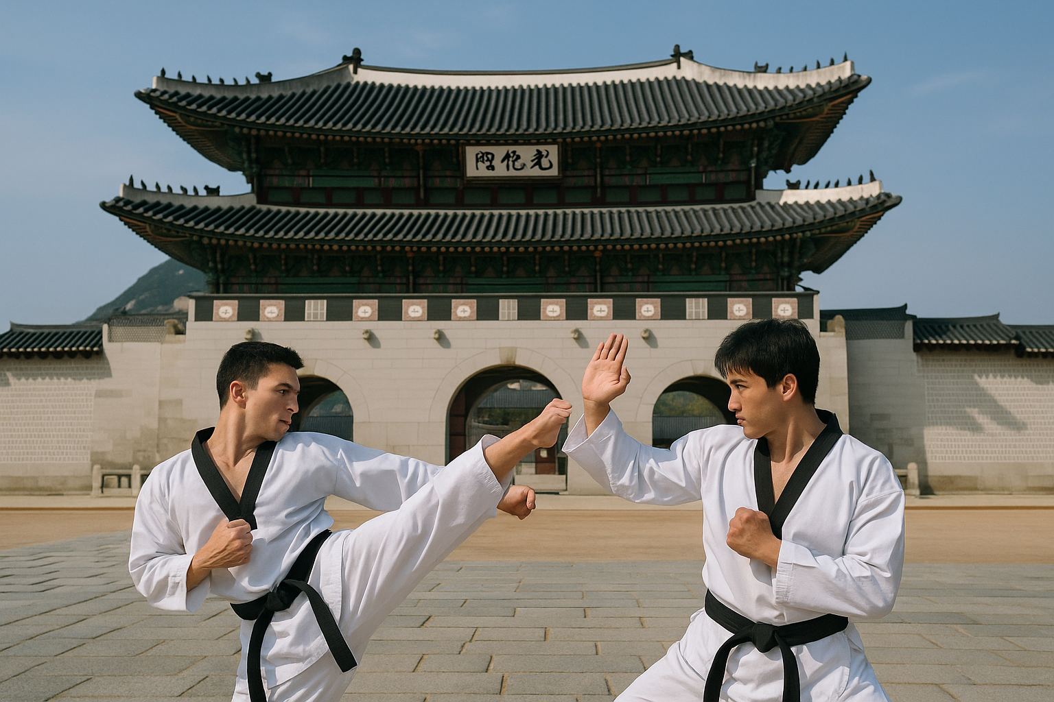 이 이미지는 경복궁 광화문 앞에서 태권도 도복을 입은 두 선수가 실전을 연습하는 장면을 담고 있습니다. 이 전통적인 배경과 함께 태권도의 역동성을 보여주는 이미지입니다.