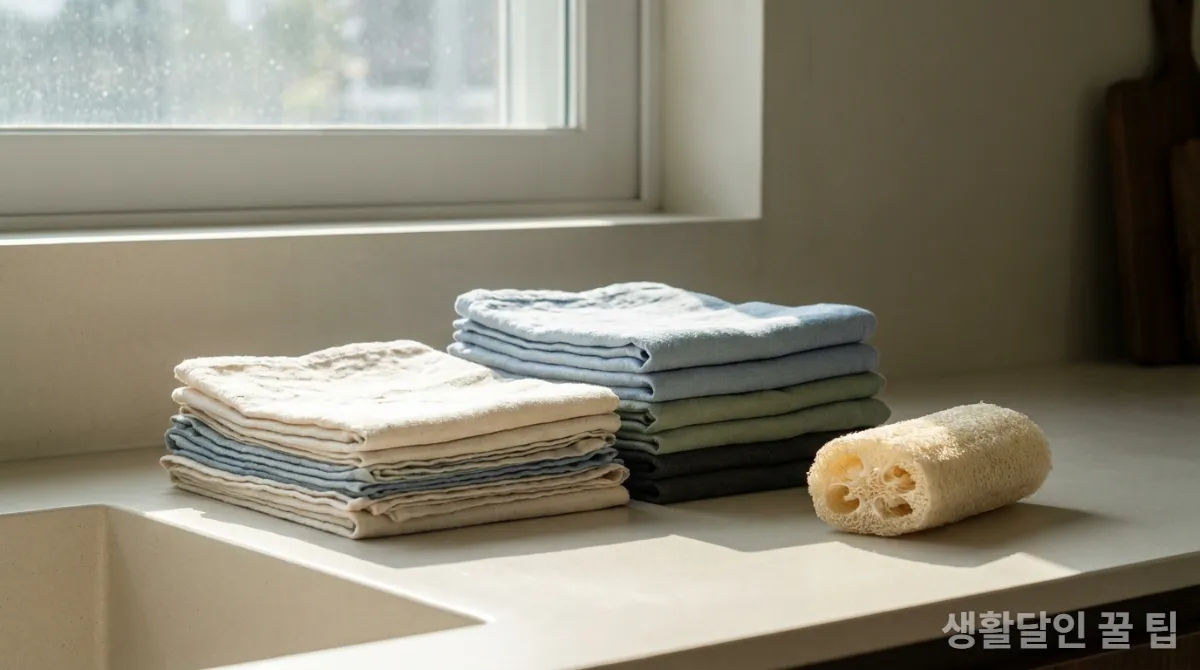 깔끔하게 정리되어 건조 중인 여러 색깔의 행주와 깨끗한 수세미