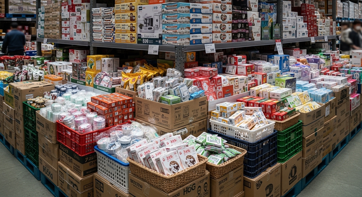 할인 코너 박스 상품이 가득 쌓인 창고형 매장 장면 