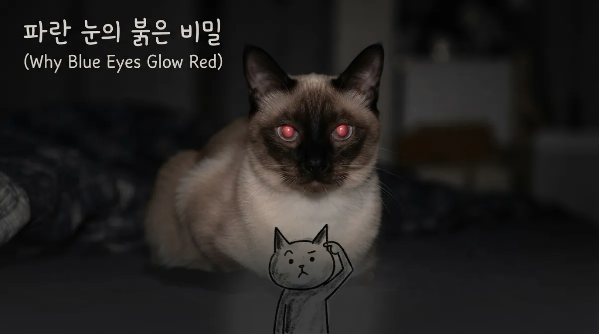 어두운 방에서 파란 눈이 붉은 반사광으로 빛나는 샴고양이 실사 클로즈업 옆에서 Stick Cat 캐릭터가 고개를 갸웃하며 의아해하는 실사 결합 믹스드 일러스트