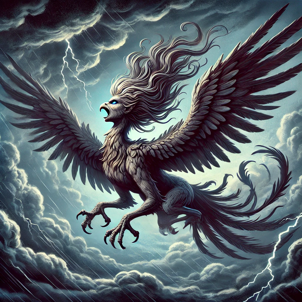 새의 몸과 여인의 머리를 가진 하피가 폭풍우 치는 하늘을 날아다니는 모습.