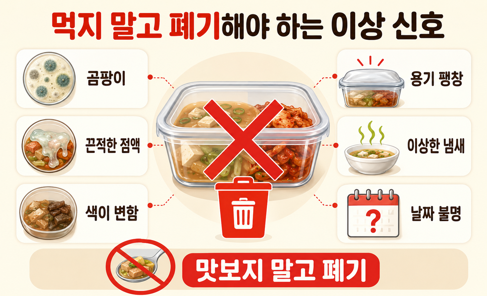 남은 음식에서 곰팡이, 용기 팽창, 이상한 냄새 등 폐기해야 하는 위험 신호를 설명하는 이미지