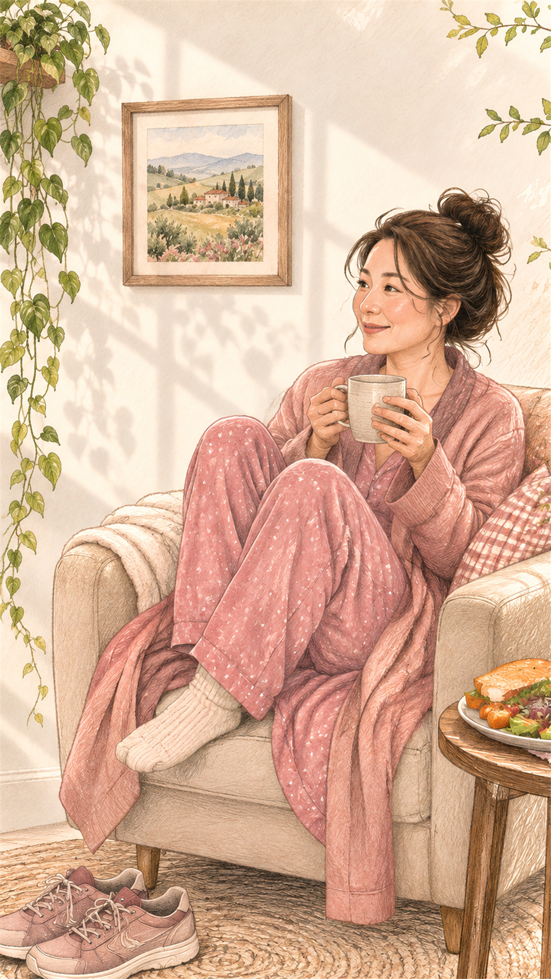 분홍 잠옷을 입고 머그잔을 든 여성 아침 감성 스마트폰 배경화면