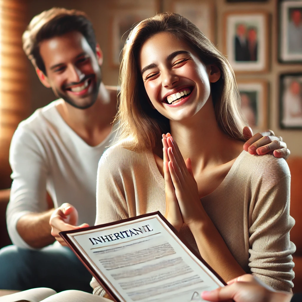 기여분을 인정받아 상속분을 더 받게 된 상속인의 기뻐하는 모습.

추가 설명: 환하게 웃는 상속인, 감사하는 마음을 표현하는 제스처