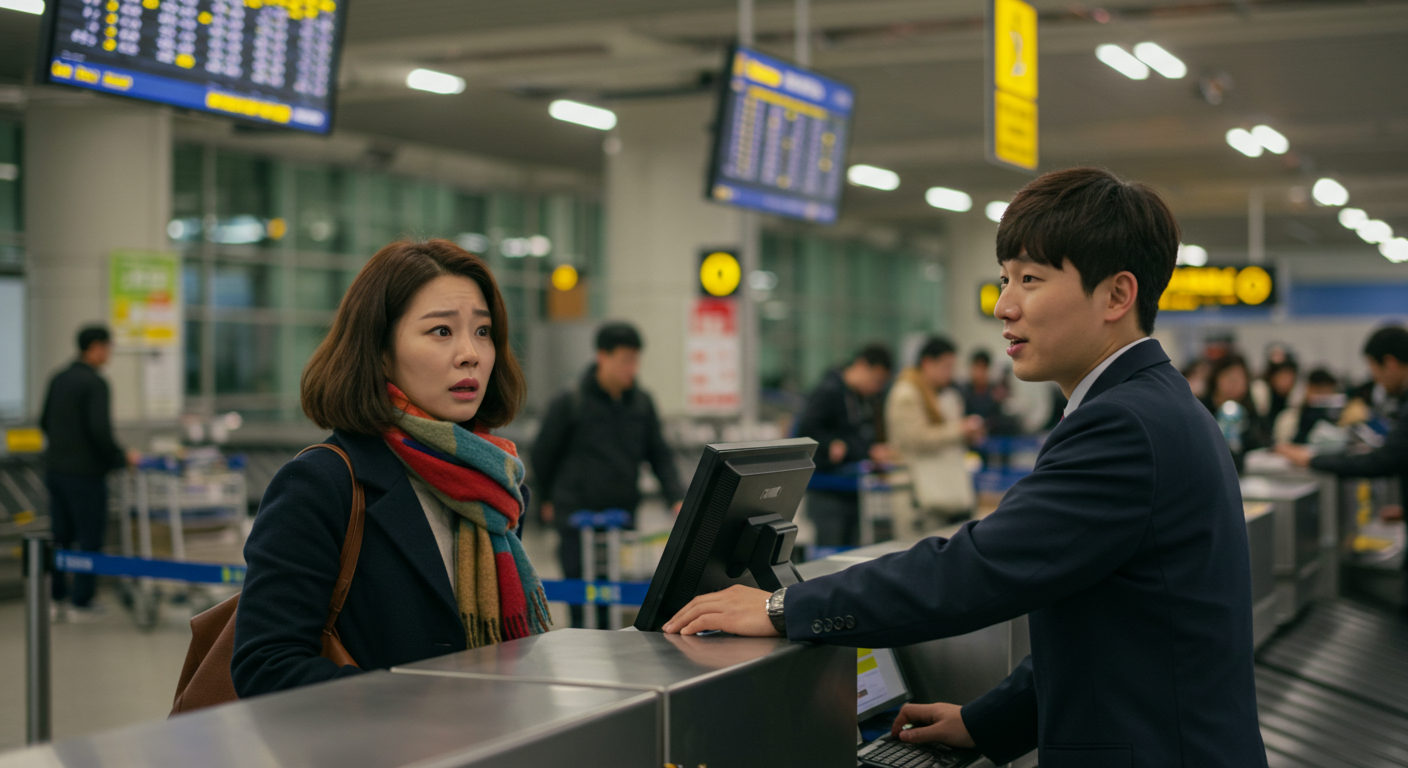 공항의 수하물 클레임 데스크에서 직원에게 문의하는 승객.