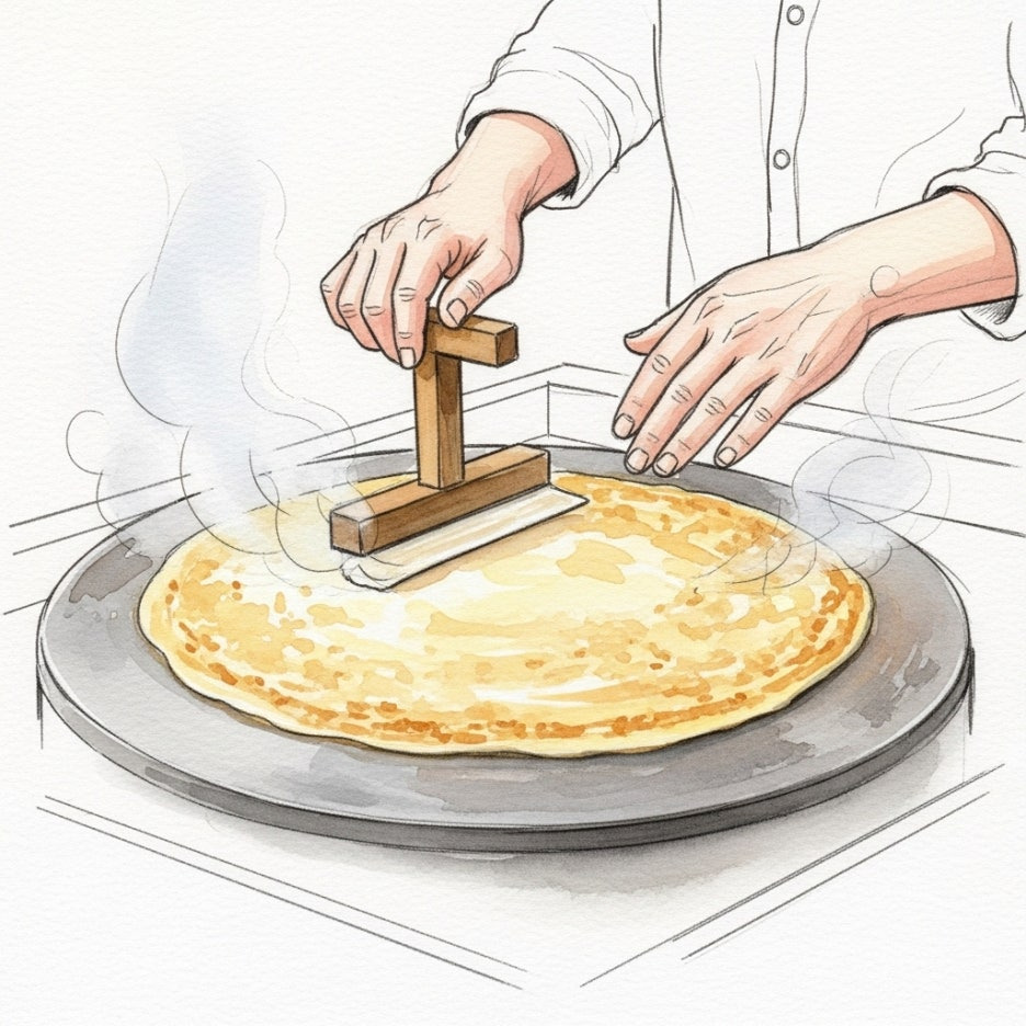 뜨거운 철판 위에서 얇게 구워지는 과자의 제조 과정