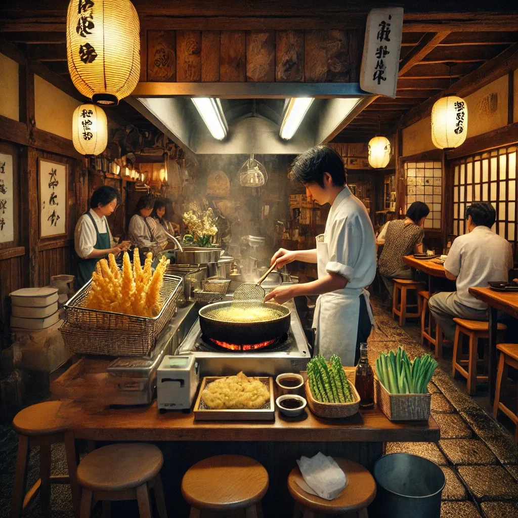 오사카의 전통적인 튀김집 내부에서 셰프가 신선한 튀김을 튀기고 있는 모습. 따뜻한 분위기의 나무 테이블과 손님들이 기다리는 모습.