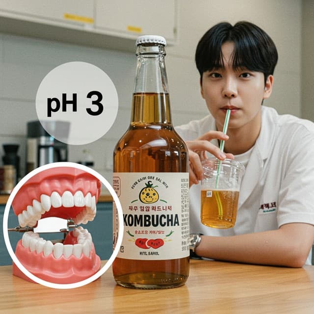 콤부차 산성도가 치아 표면을 약하게 만드는 장면